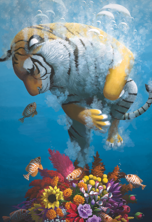 Diving Tiger With Flowers